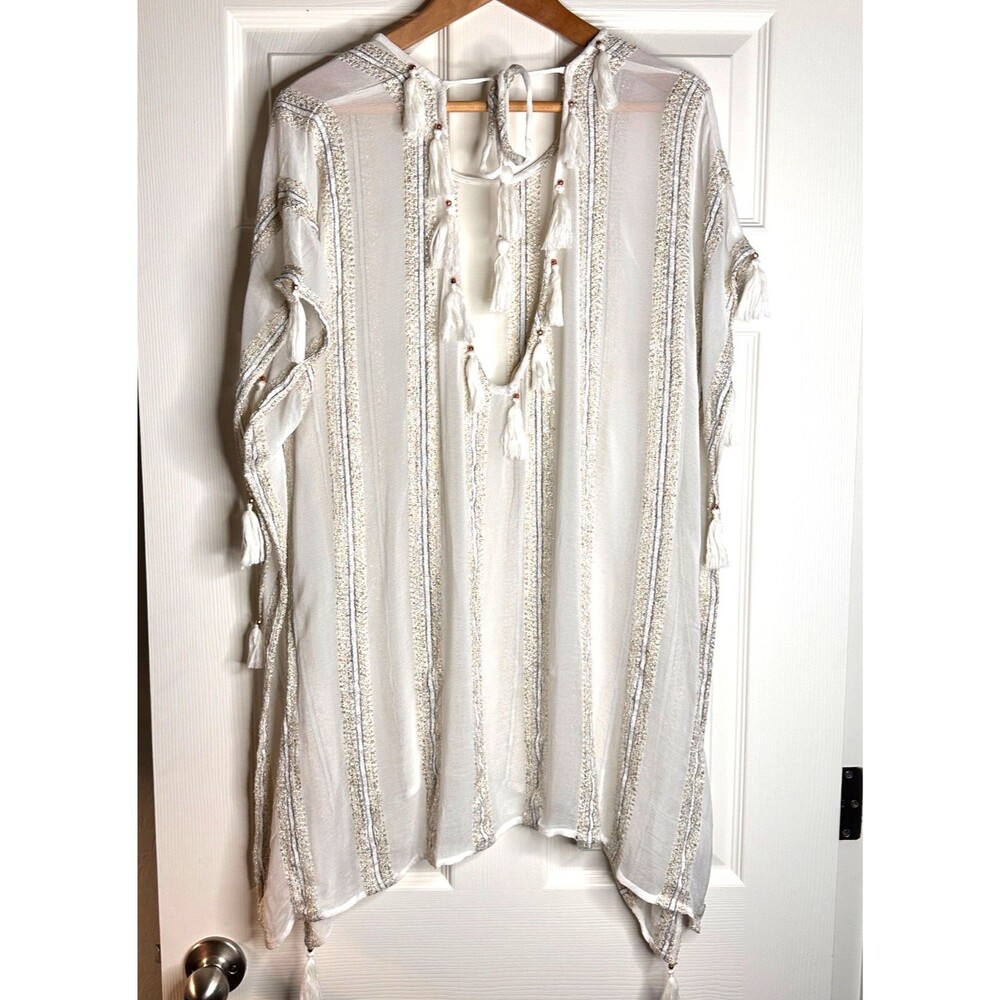 Surf Gypsy Bohemian Kaftan Top Metallic Lurex Tassel Cover Up S Cream Gold